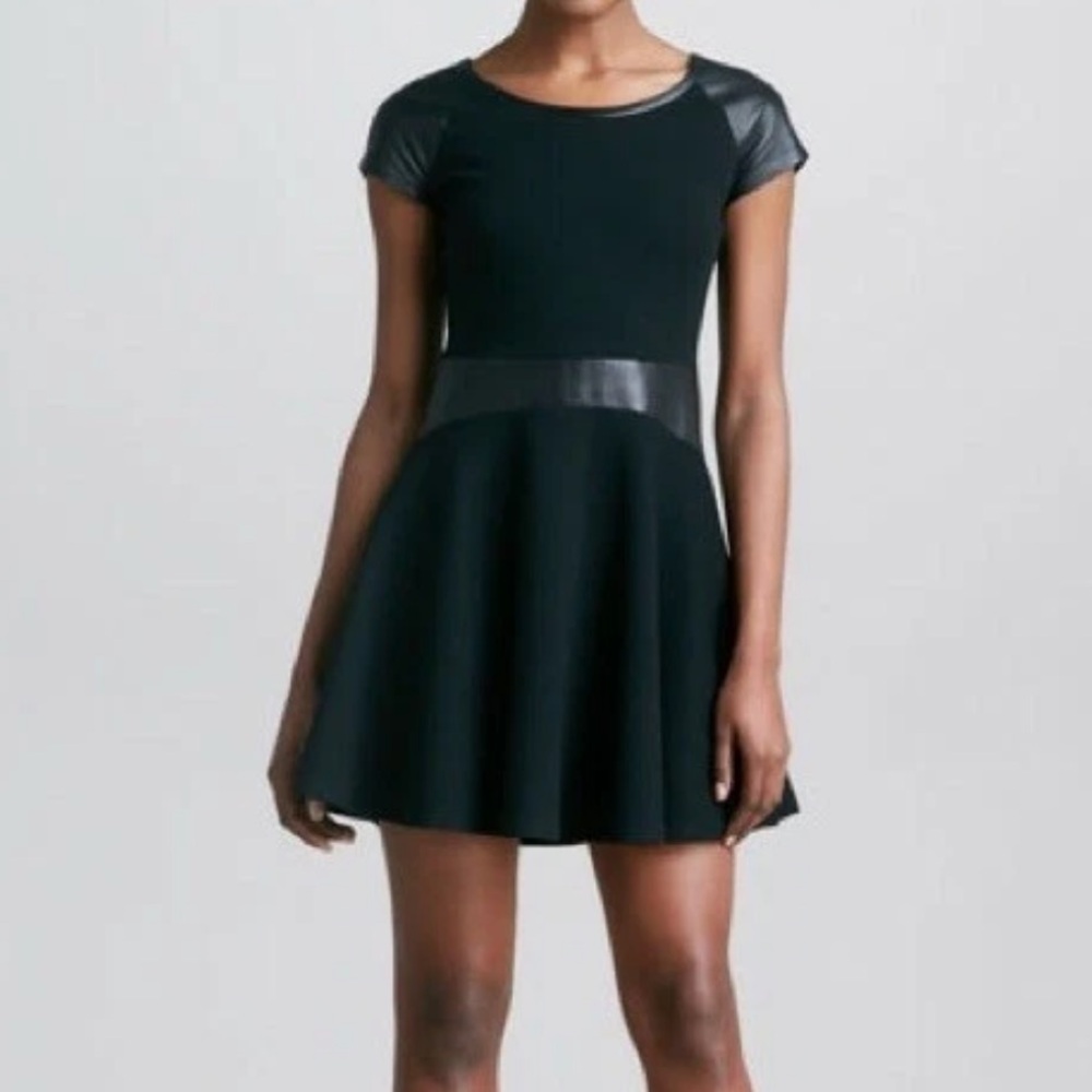 Diane Von Furstenberg Black Fit & Flare Skater Dress,  Leather Details, Size 0